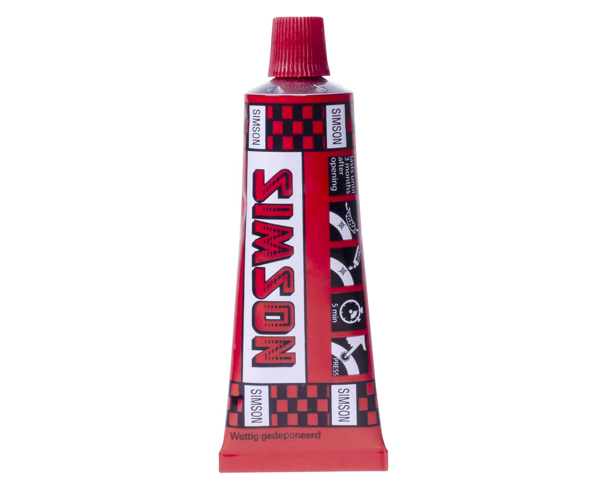 Simson Solutie 10 ml: Sneldrogende lijm voor lekke bandenreparatie.