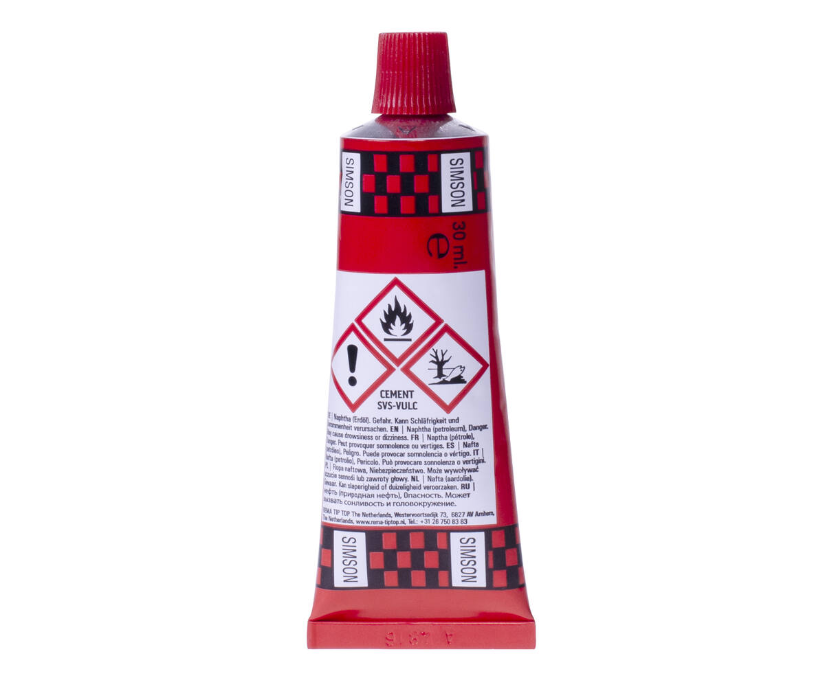 Simson Solutie 10 ml: Sneldrogende lijm voor lekke bandenreparatie.