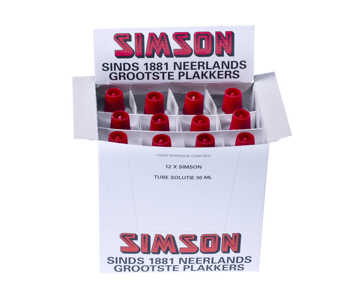 Simson Solutie 10 ml: Sneldrogende lijm voor lekke bandenreparatie.