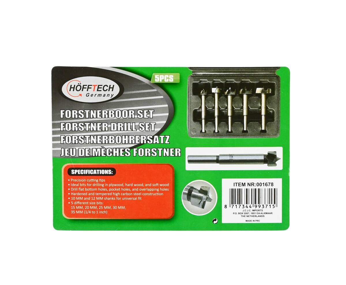 Forstnerboor Set 5 dlg: Precise gaten in hout, 15-35 mm bitmaten.