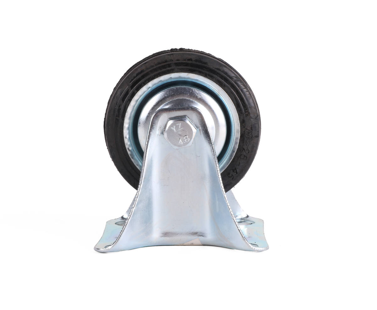 Bokwiel 75mm: Stalen velg, rubberband, 50kg draagkracht, montageplaat.