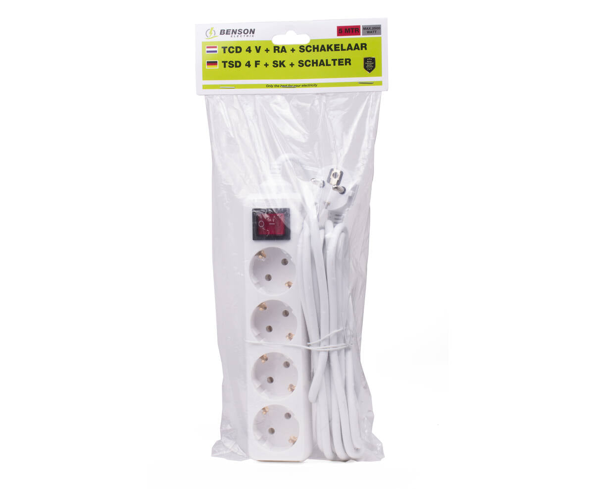 4-voudige Stekkerdoos RA Schakelaar, 5m Kabel, 10A, 2500W, Niet BE/FR