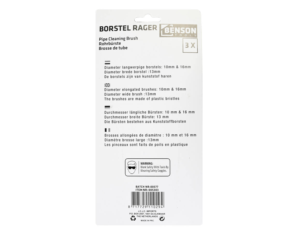 Borstel Rager Set 3-delig: 10/18mm ronde, 13mm platte, 18cm lang.