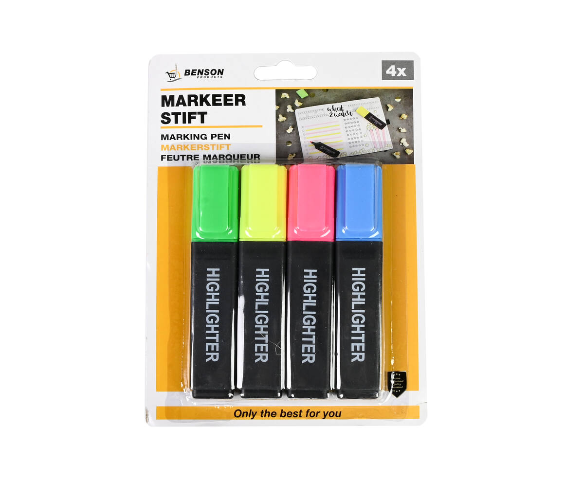 Markeerstift Set: 4 Kleuren, Schuine Punt, Perfect voor School & Kantoor