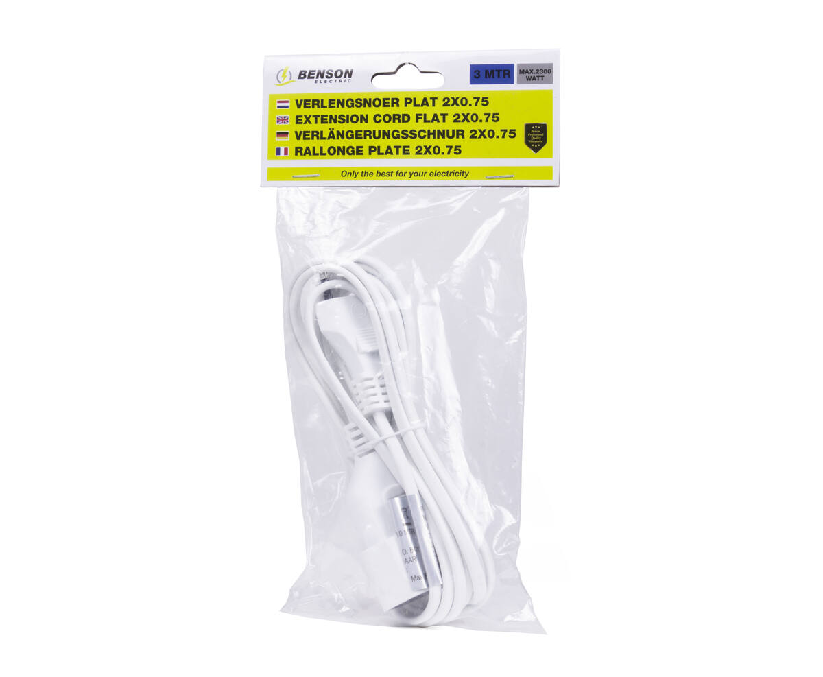 Verlengsnoer 3m Plat 2x0.75mm², Max 625W voor Lichte Apparaten
