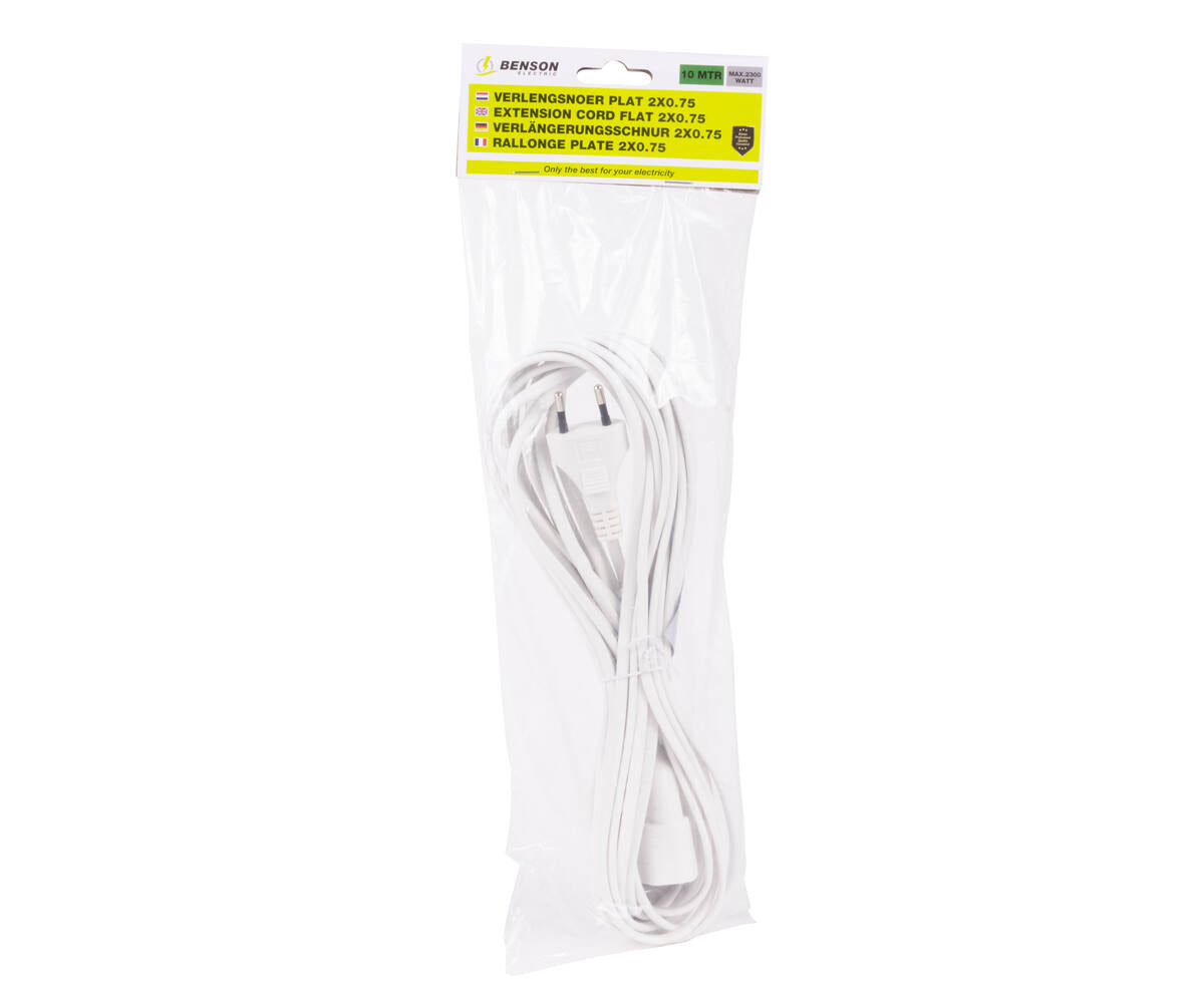 Plat Verlengsnoer 10m, 2x0.75mm, voor Platte Stekkers, 625W, 250V