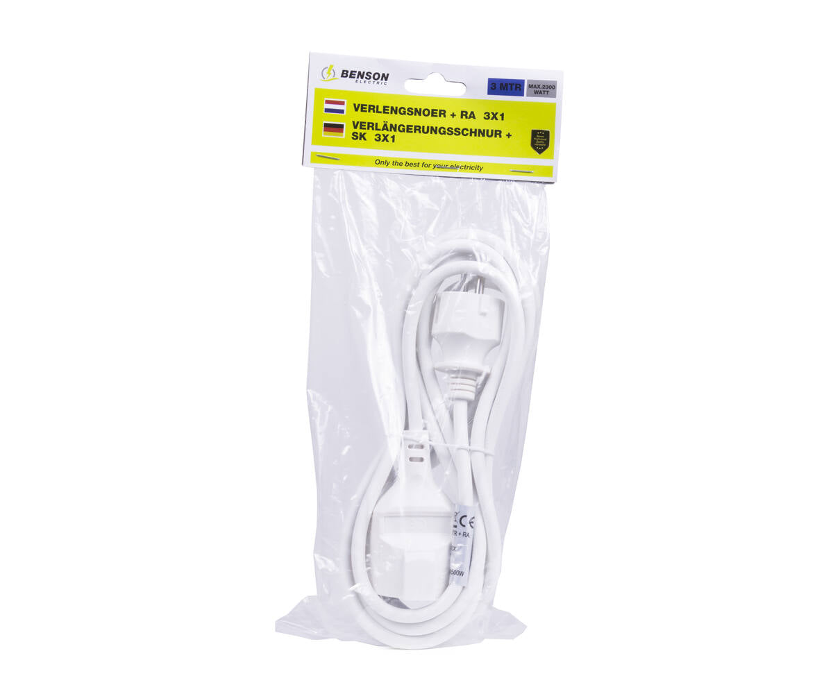 Verlengsnoer 3m met RA 3x1.0, 250V/16A voor huis & werkplek.