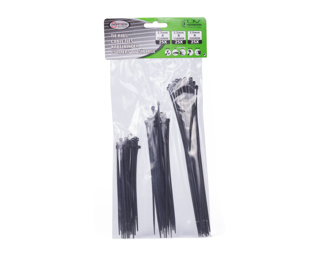 75-delige Zwarte Tie Ribs Set, 3 Maten, Ideaal voor Kabelbeheer