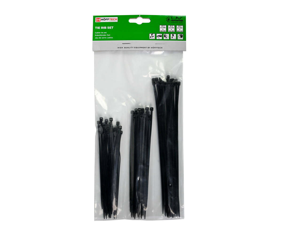 75-delige Zwarte Tie Ribs Set, 3 Maten, Ideaal voor Kabelbeheer