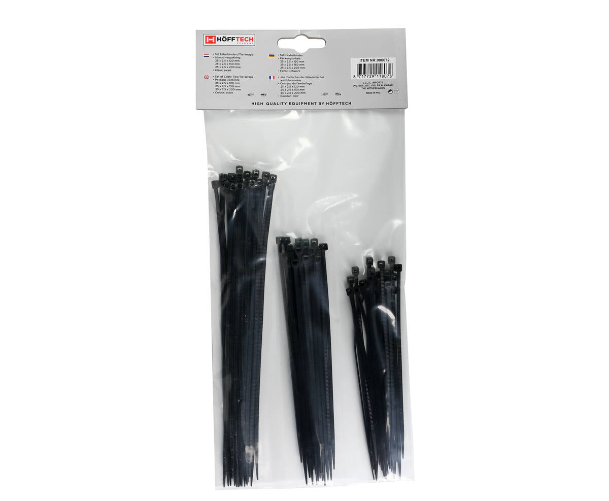 75-delige Zwarte Tie Ribs Set, 3 Maten, Ideaal voor Kabelbeheer