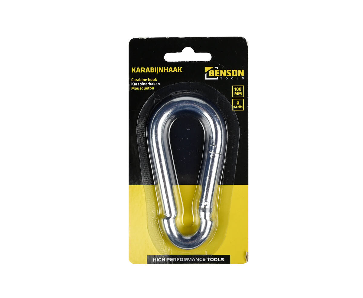 Karabijnhaak 9.5mm, 100mm lang, ideaal voor ophangen en bevestigen.