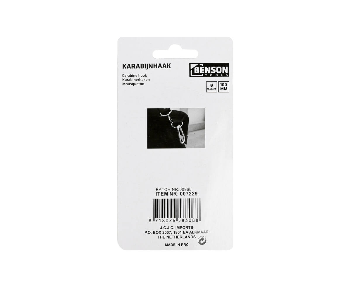Karabijnhaak 9.5mm, 100mm lang, ideaal voor ophangen en bevestigen.