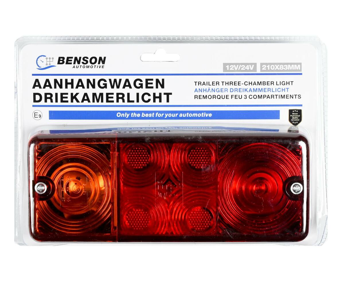 Aanhangwagen Driekamerlicht 210x83 mm E9, 12-24V, Parkeer-Rem-Richtingaanwijzer.