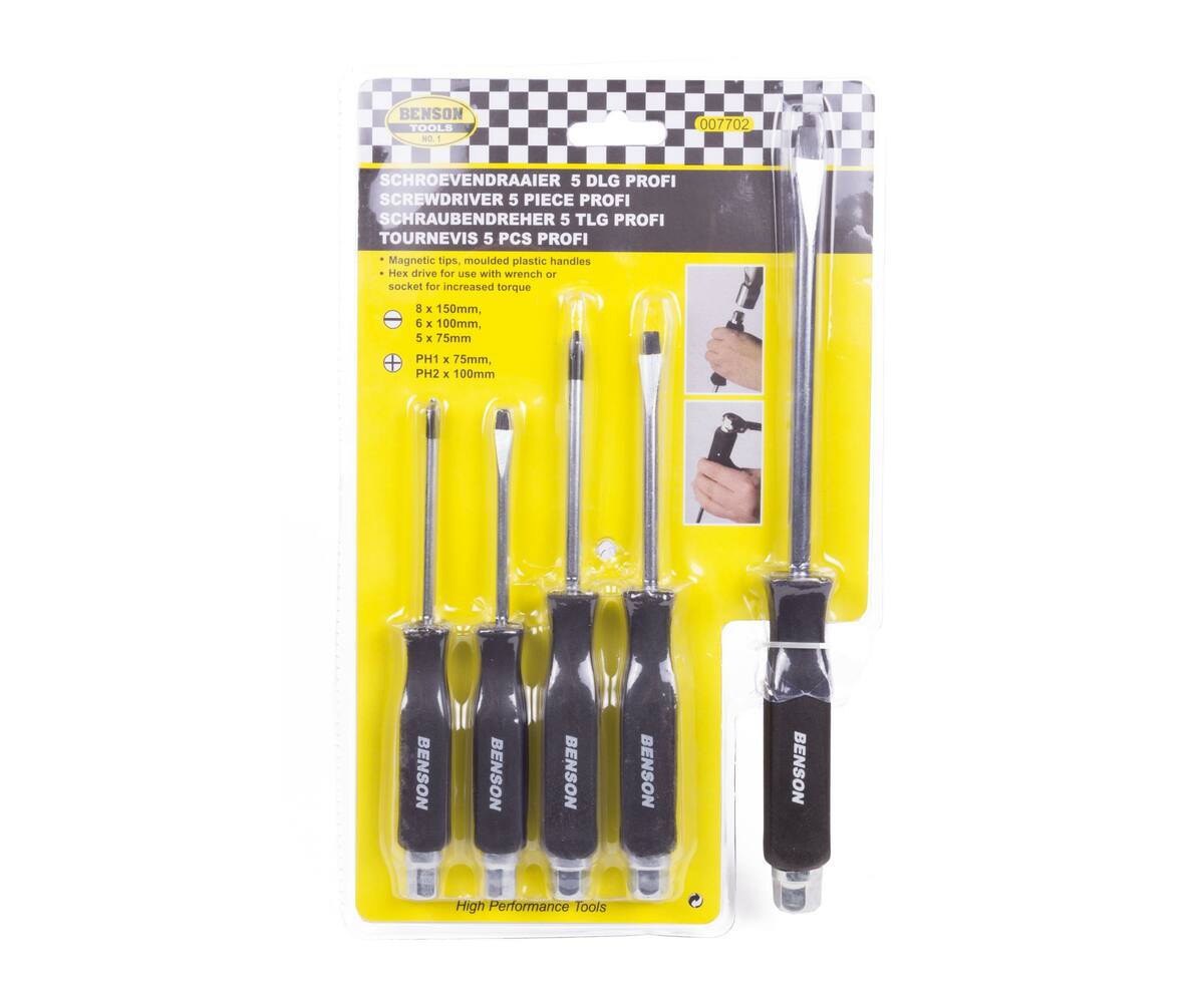 5-delige Profi Schroevendraaier Set, Roestvrij Staal, Magnetische Tips