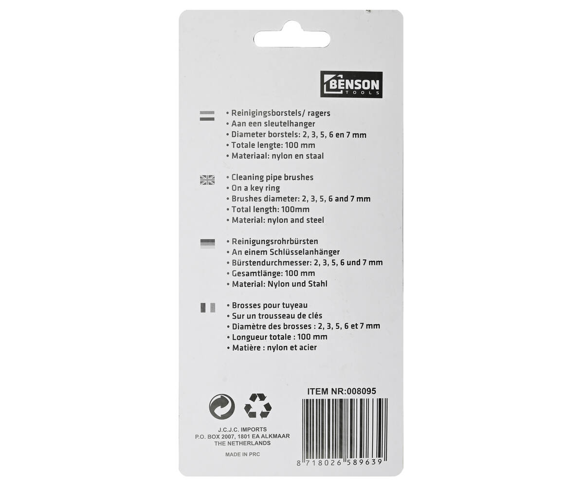 Borstel Set Mini 5-delig - 5 maten, nylon/stalen kern, met sleutelhanger