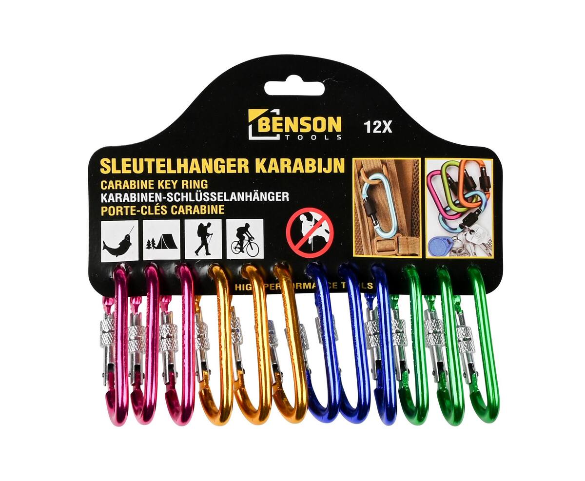 Set van 12 D-vormige aluminium karabijnhaken, ideaal voor kamperen.