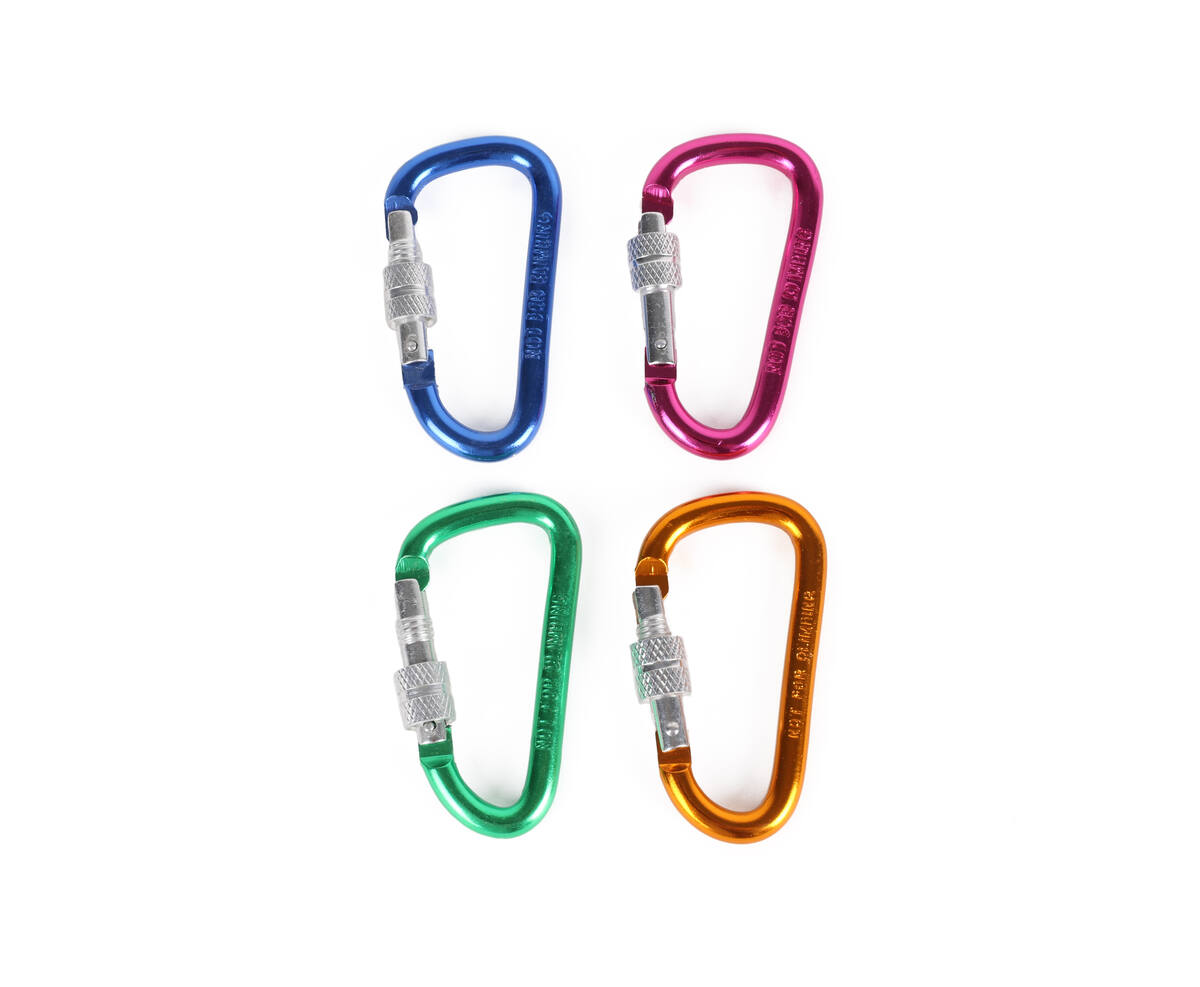 Set van 12 D-vormige aluminium karabijnhaken, ideaal voor kamperen.