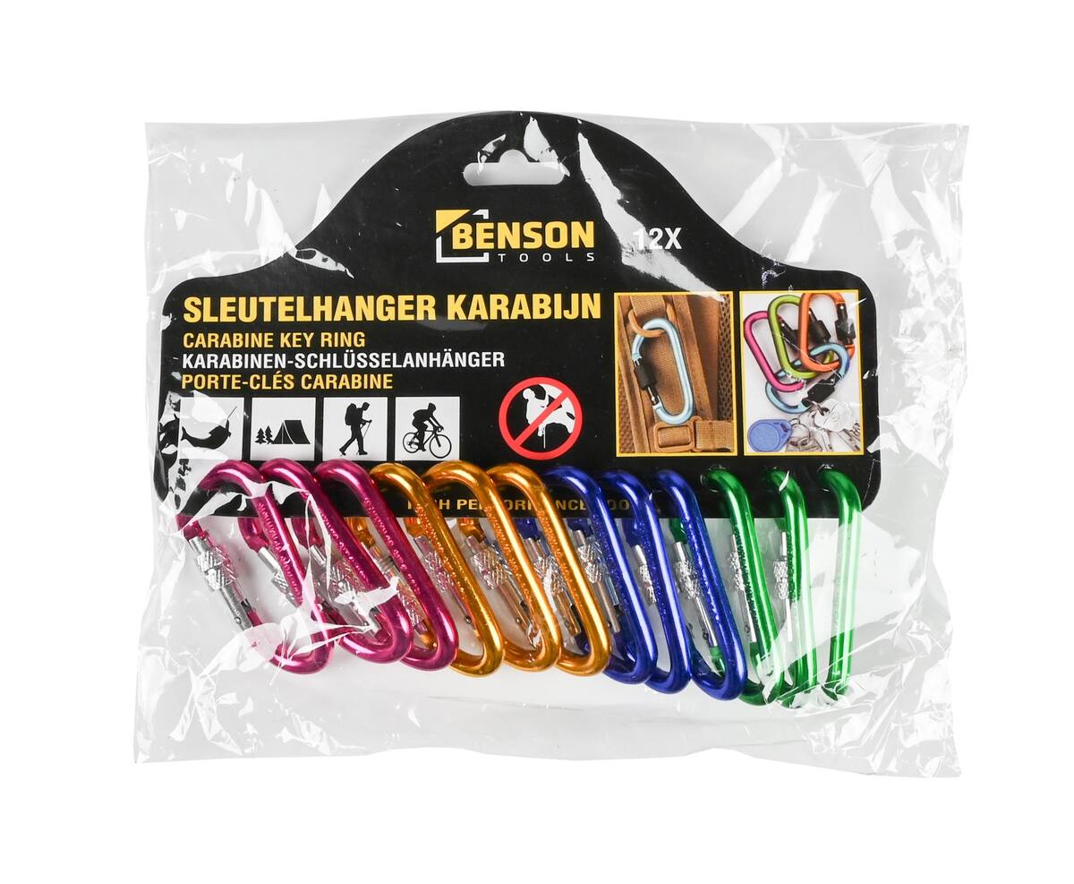 Set van 12 D-vormige aluminium karabijnhaken, ideaal voor kamperen.