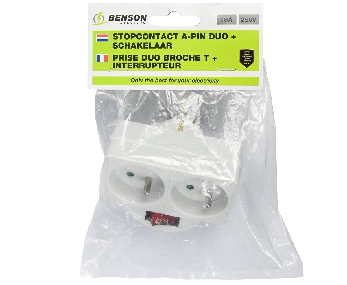 Stopcontact A-pin 16A + Schakelaar, 3680W, Duo Wit voor FR/BE