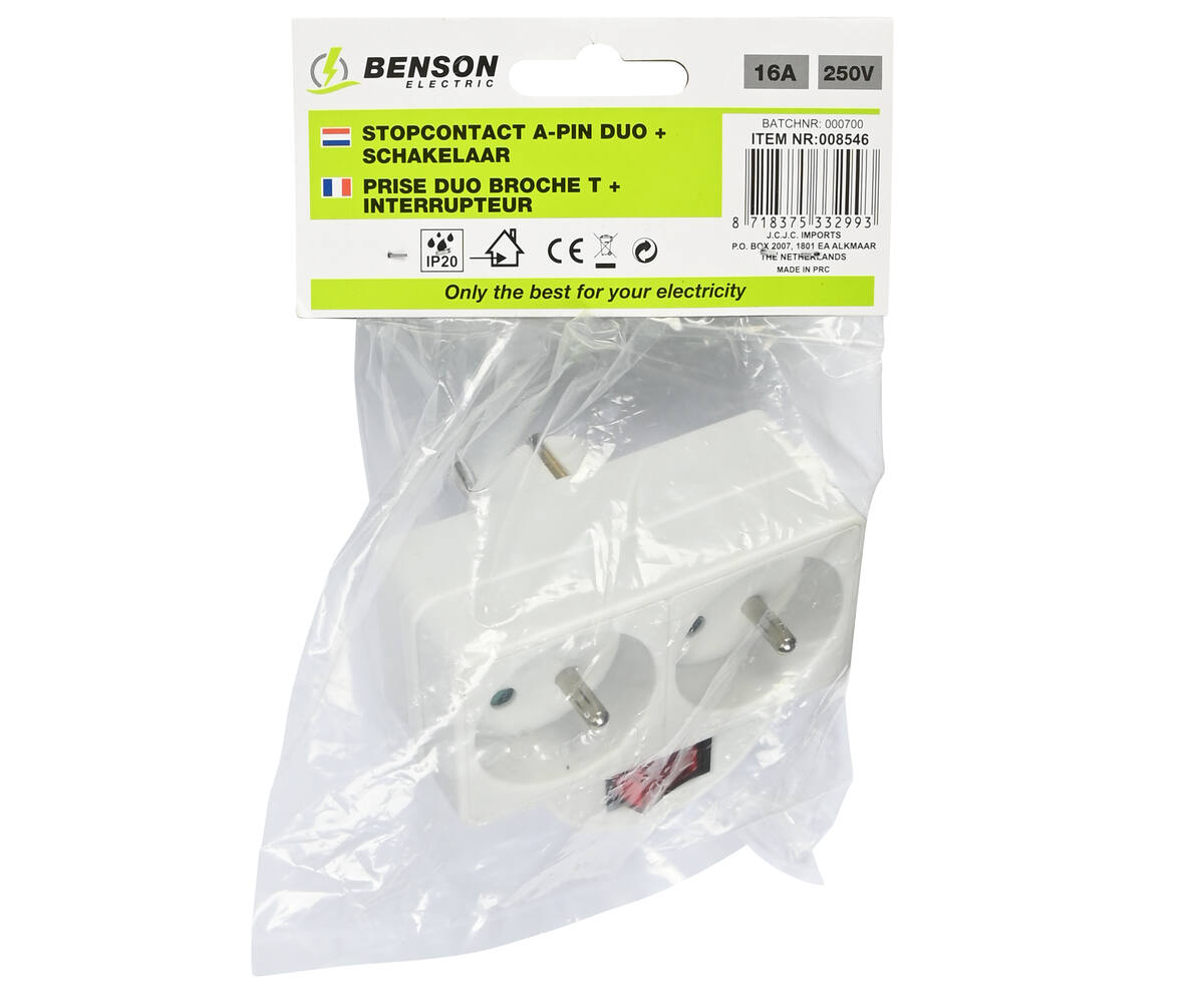 Stopcontact A-pin 16A + Schakelaar, 3680W, Duo Wit voor FR/BE