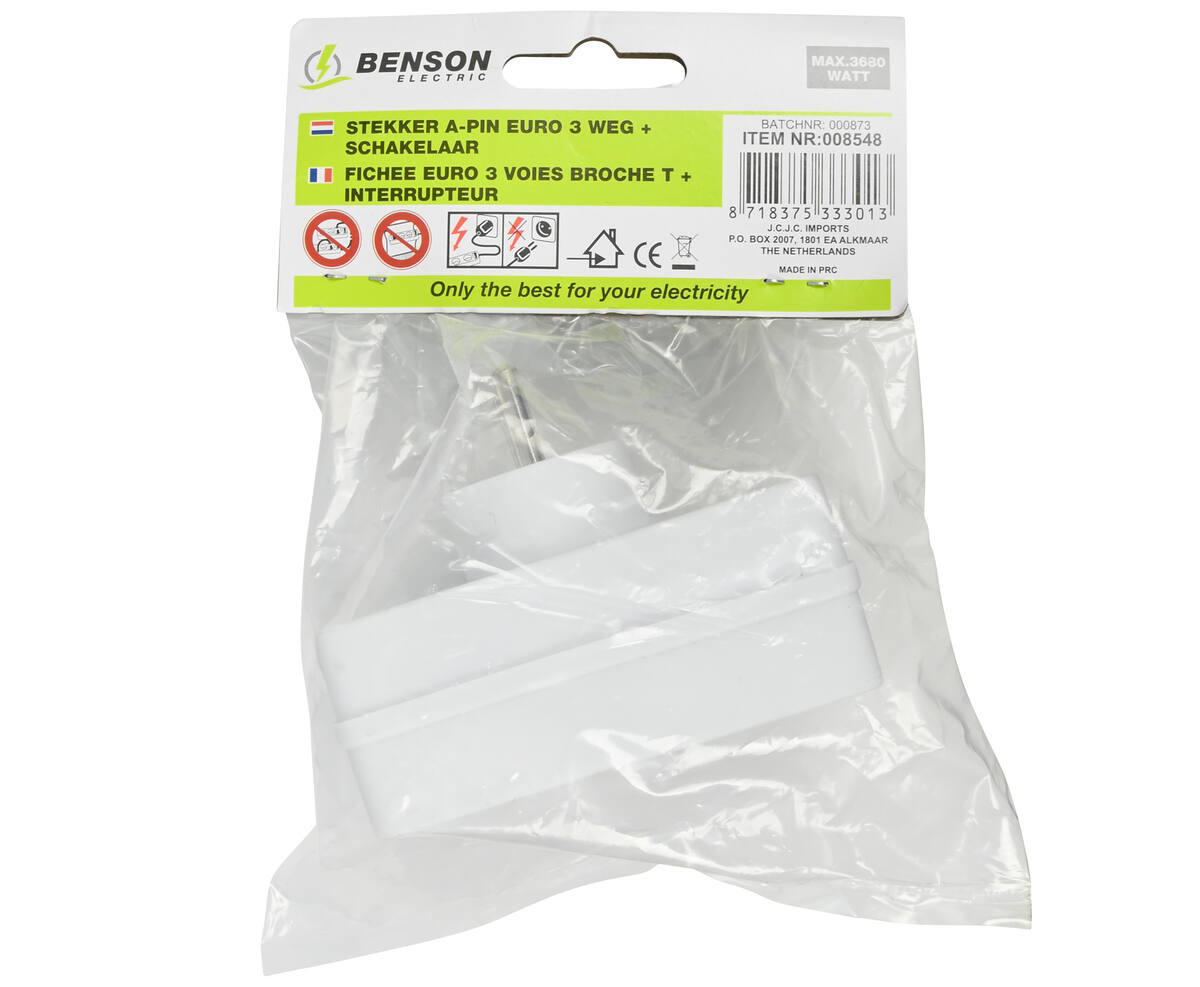 3-Weg Stopcontact 3680W A-pin, Schakelaar, voor FR/BE Apparaten