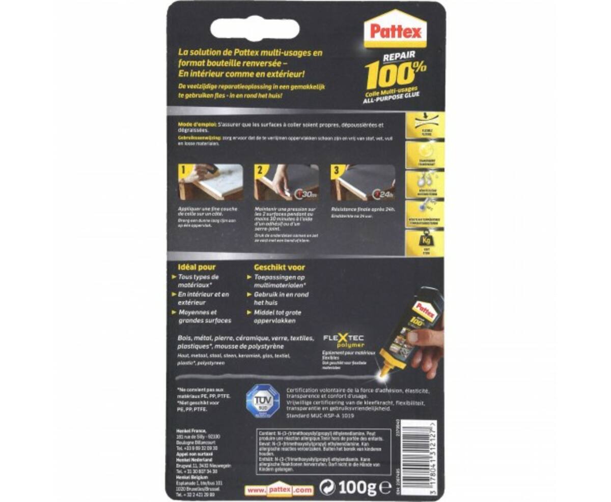 Pattex 100% Lijm 100gr: Sterke hechting op hout, metaal, glas.