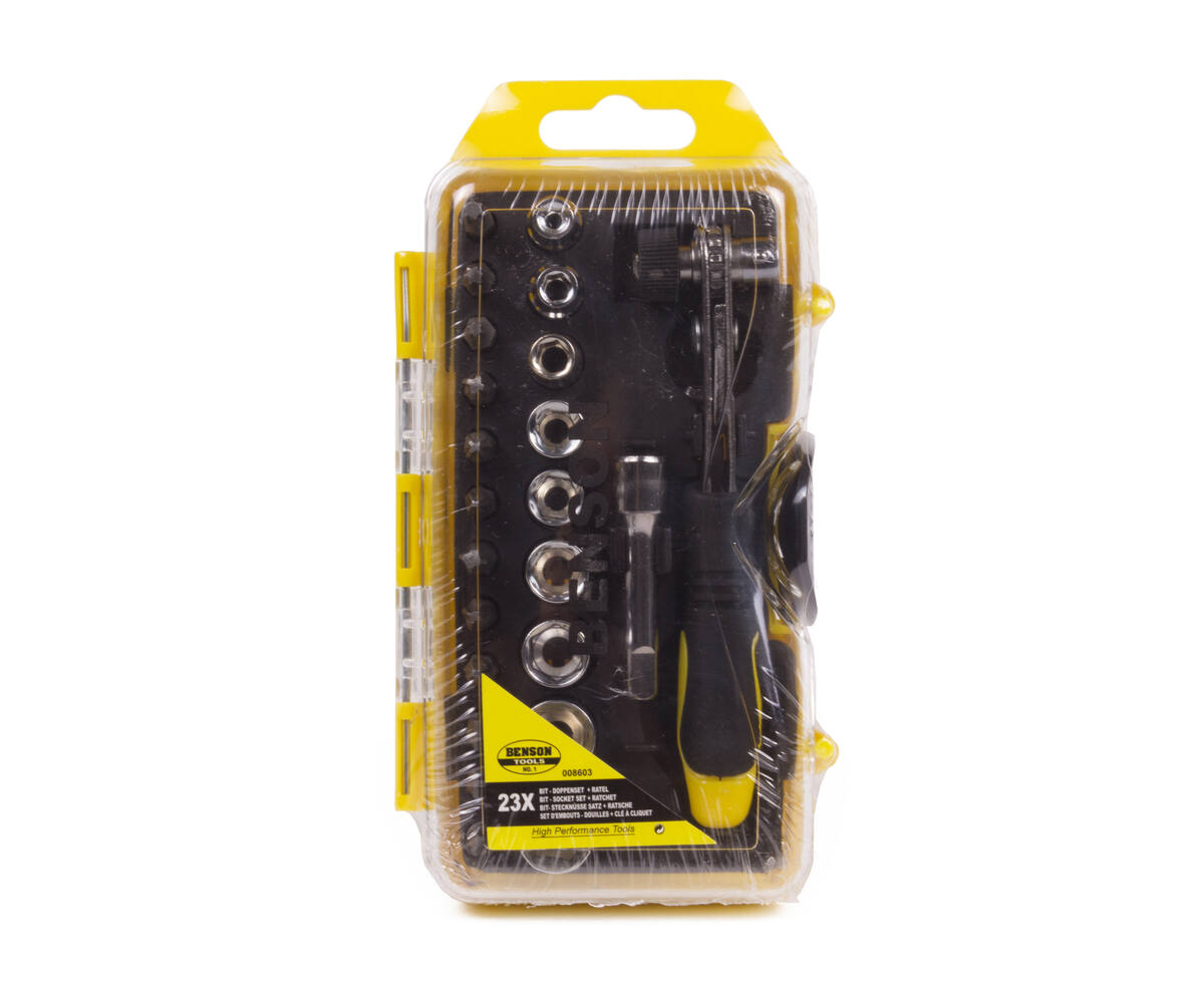 Bit-Doppenset 23 dlg: Ratel, 1/4" Verlengstuk, 9 Doppen, 12 Bits