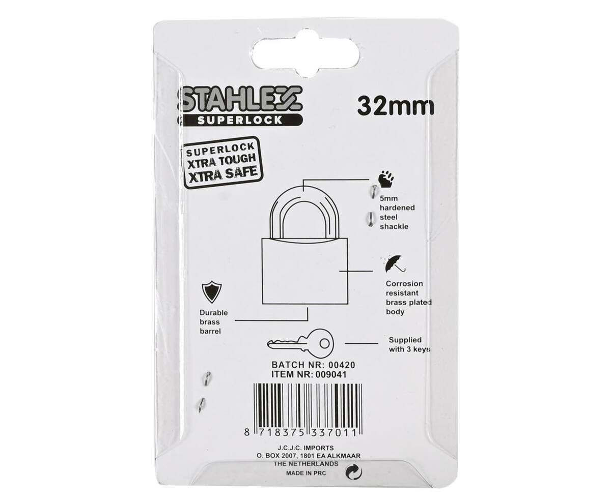 Hangslot 32 mm, Weerbestendig, Inclusief 3 Sleutels voor Poorten