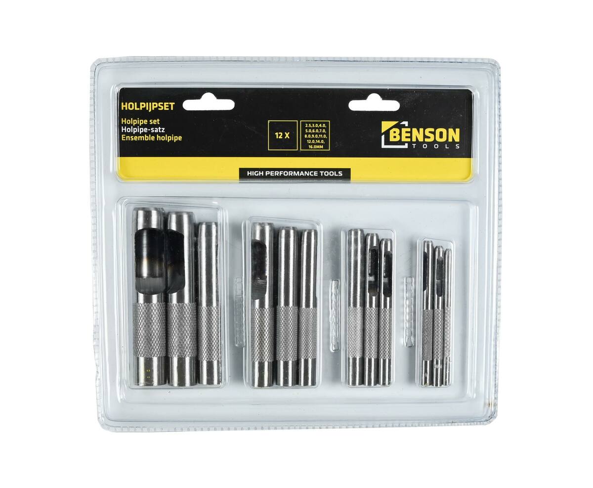 12-delige Holpijpset Jumbo: Cr-V staal, maten 2,5-16mm, ideaal voor leer.