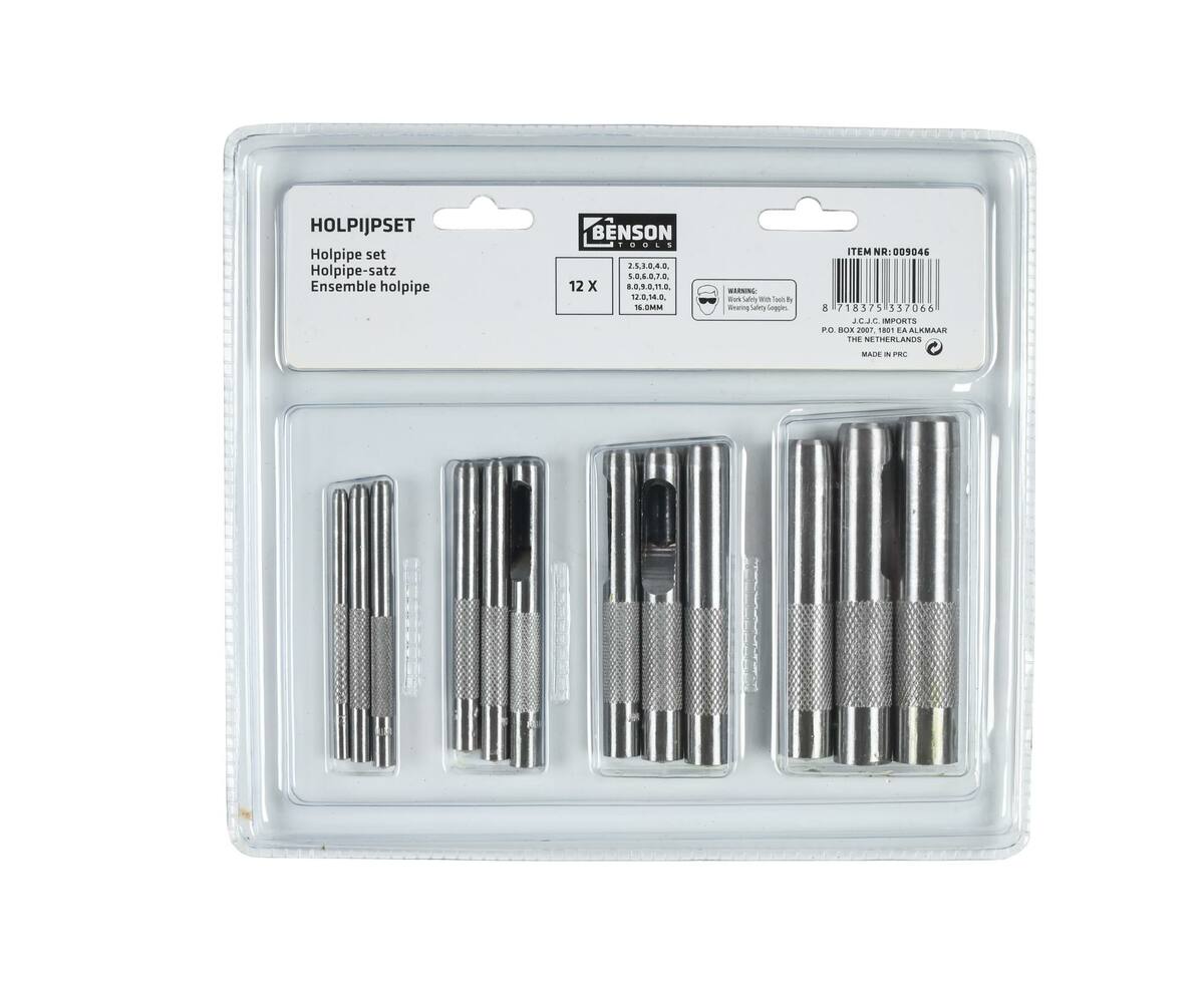 12-delige Holpijpset Jumbo: Cr-V staal, maten 2,5-16mm, ideaal voor leer.
