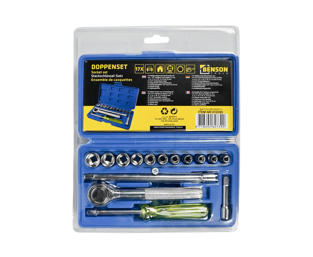 Doppendoos 17-delig: 1/4" Dopsleutels, Ratel, Verlengstukken, Compact