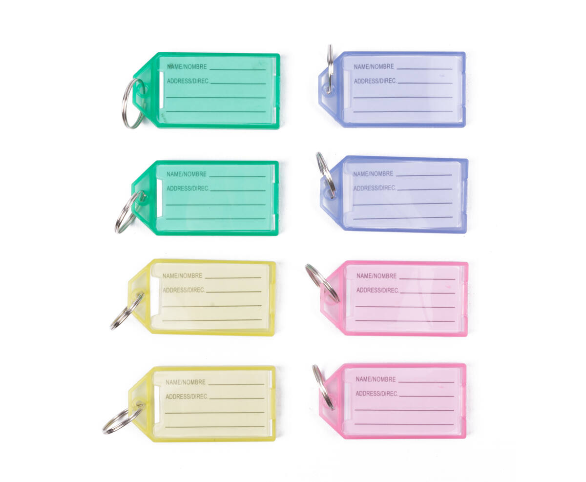Sleutellabels 8 stuks, kleurrijk, beschrijfbaar, met metalen ring.