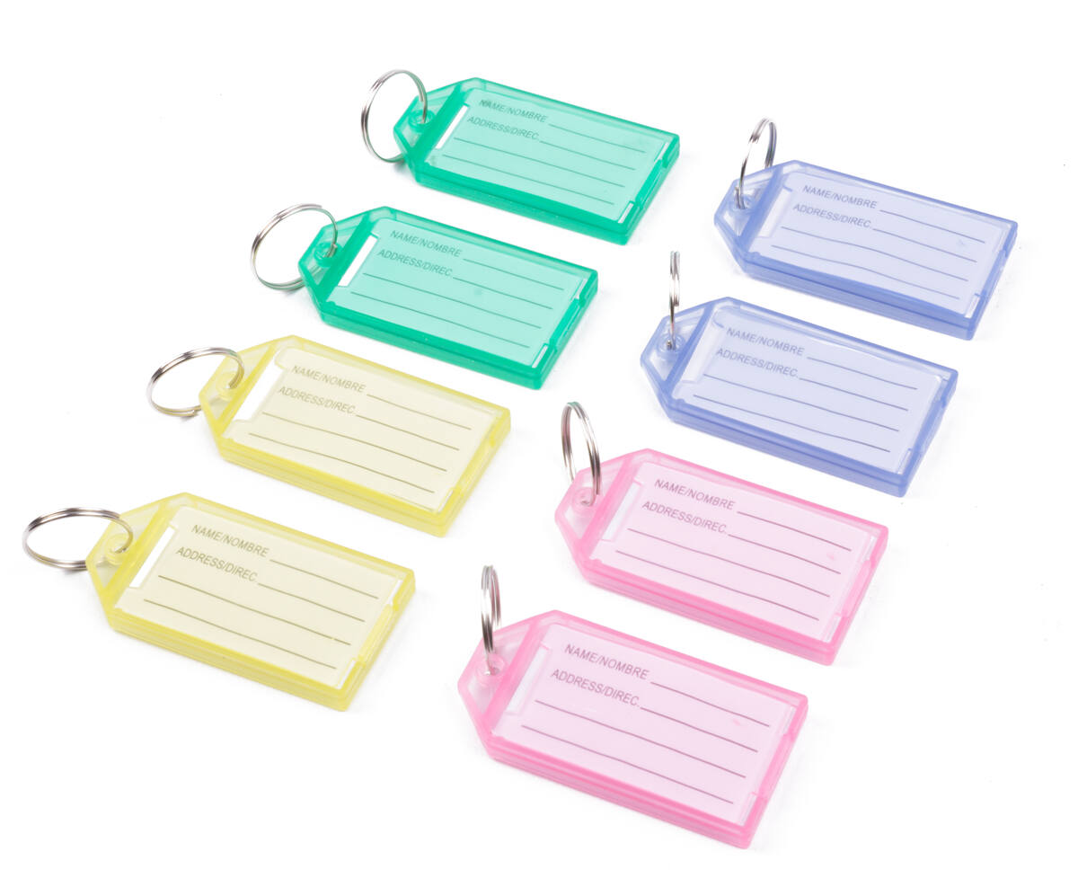 Sleutellabels 8 stuks, kleurrijk, beschrijfbaar, met metalen ring.