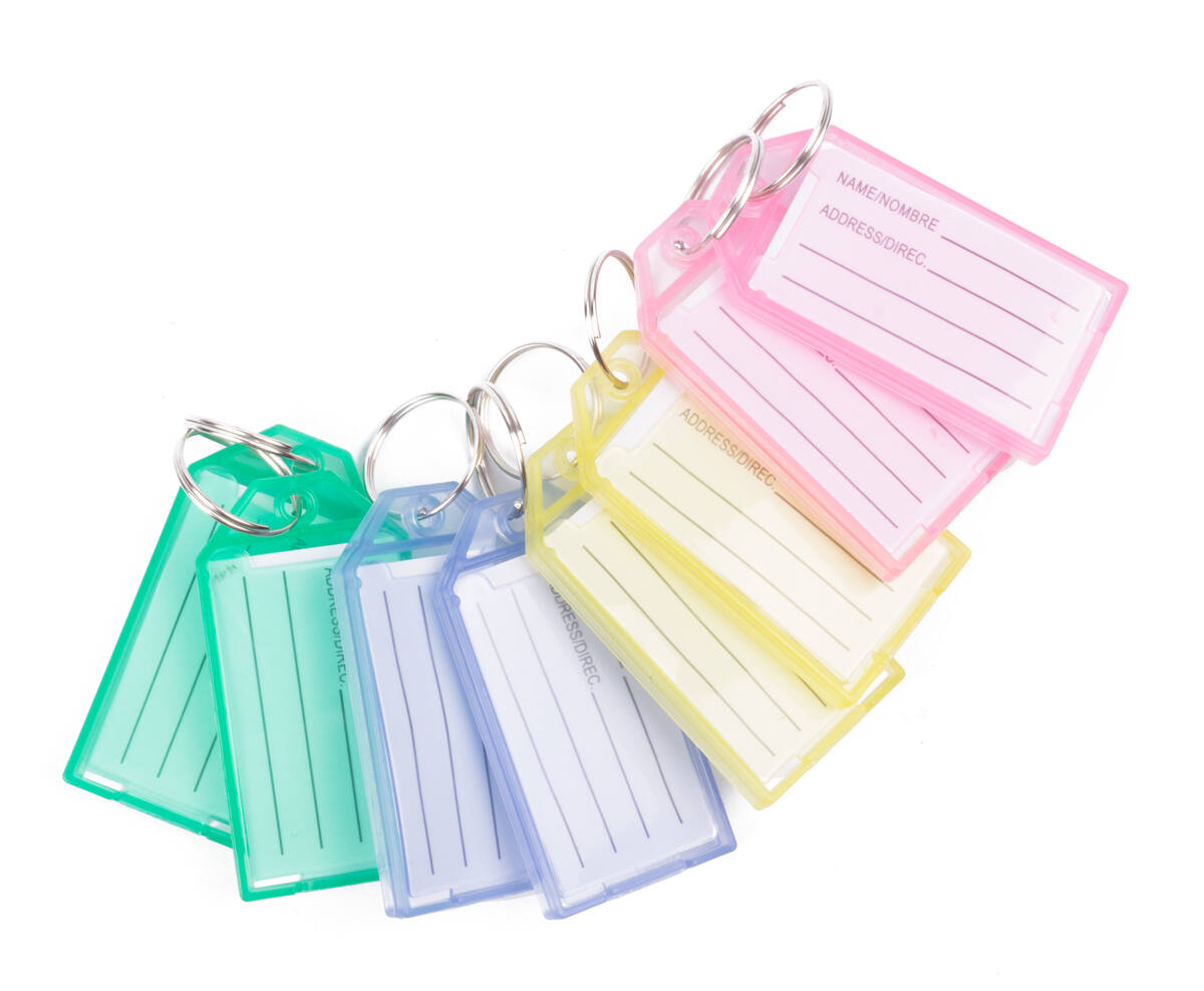 Sleutellabels 8 stuks, kleurrijk, beschrijfbaar, met metalen ring.