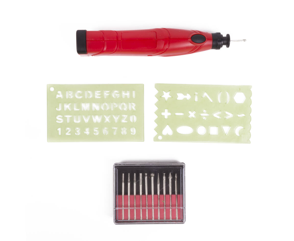 Graveerpen 3V, 10 opzetstukken, 13.000rpm, werkt op 2x AAA-batterijen.