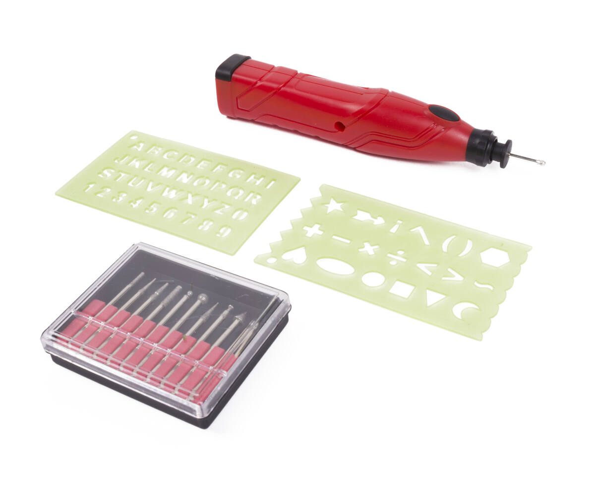 Graveerpen 3V, 10 opzetstukken, 13.000rpm, werkt op 2x AAA-batterijen.