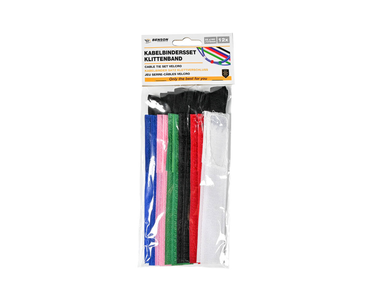 Klittenband Kabelbinderset 12-delig, 25x160mm, Herbruikbaar, 170mm Lus