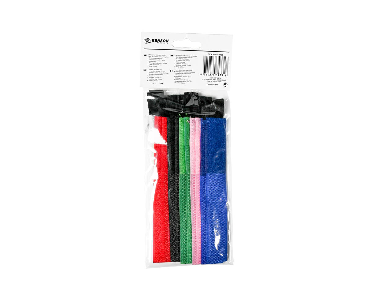 Klittenband Kabelbinderset 12-delig, 25x160mm, Herbruikbaar, 170mm Lus