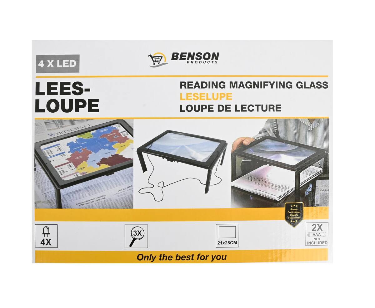 Leesloupe A4, 3x Vergroting, 4 LED-lampen, Ideaal voor Lezen
