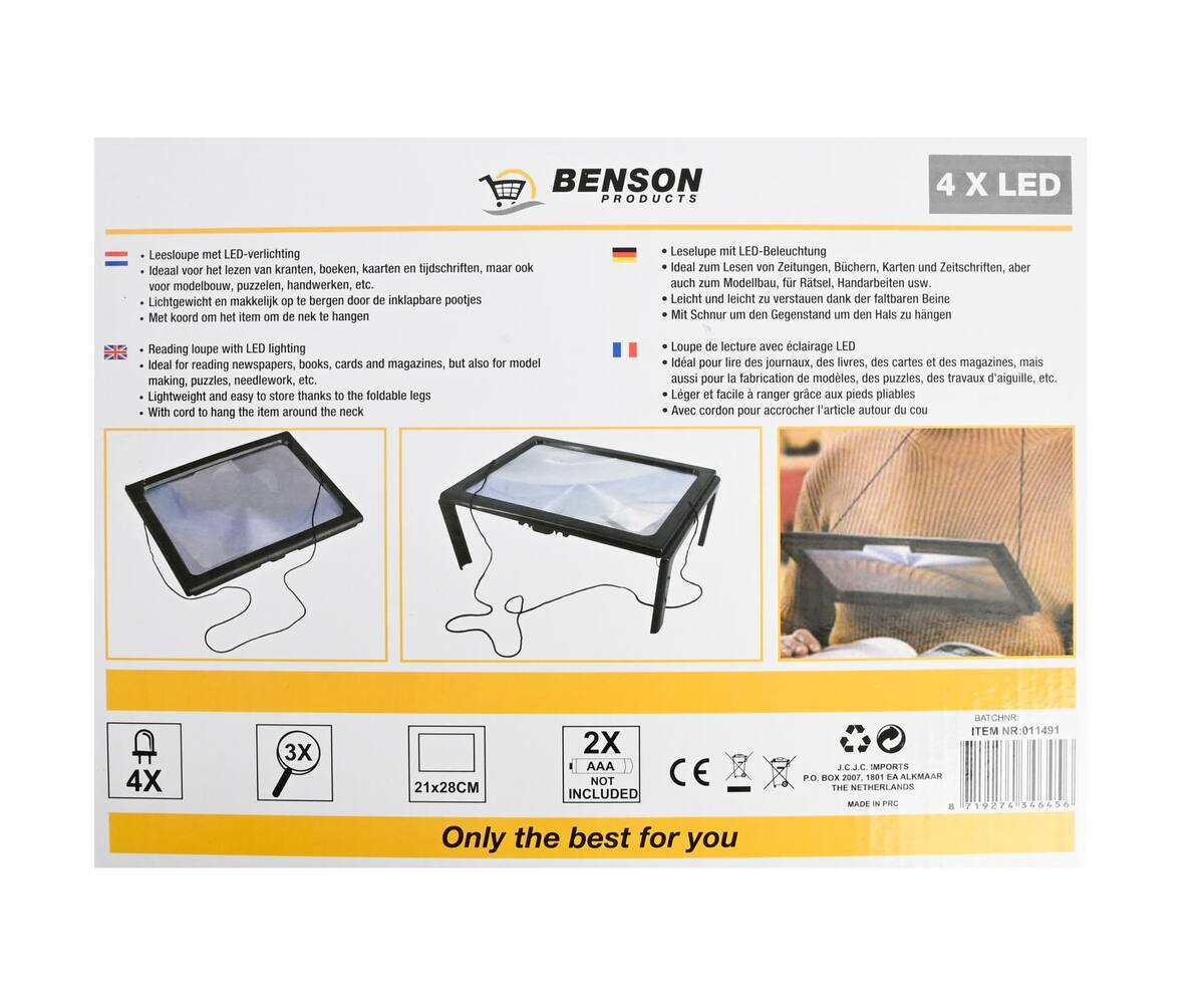Leesloupe A4, 3x Vergroting, 4 LED-lampen, Ideaal voor Lezen