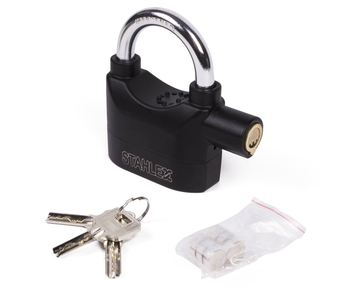 Hangslot 65mm Alarm, 110dB Sirene, Gehard Staal, 3 Sleutels, LR44 Batt.