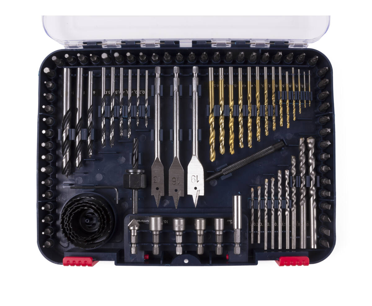 Boor en Bitset 100 dlg: 14x HSS, 12x hout, 9x steen, 52 bits, koffer.