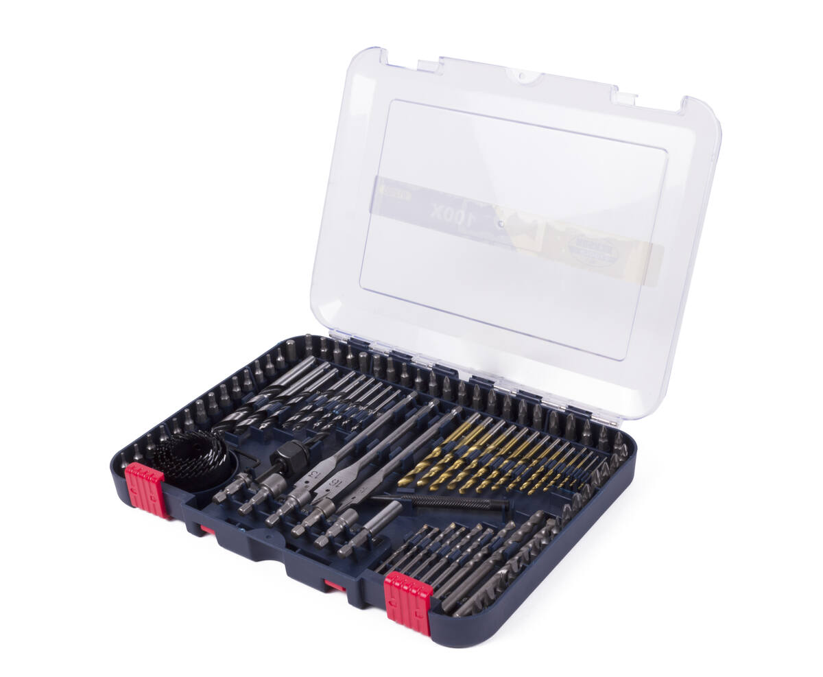 Boor en Bitset 100 dlg: 14x HSS, 12x hout, 9x steen, 52 bits, koffer.