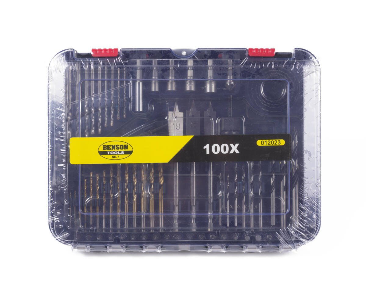 Boor en Bitset 100 dlg: 14x HSS, 12x hout, 9x steen, 52 bits, koffer.