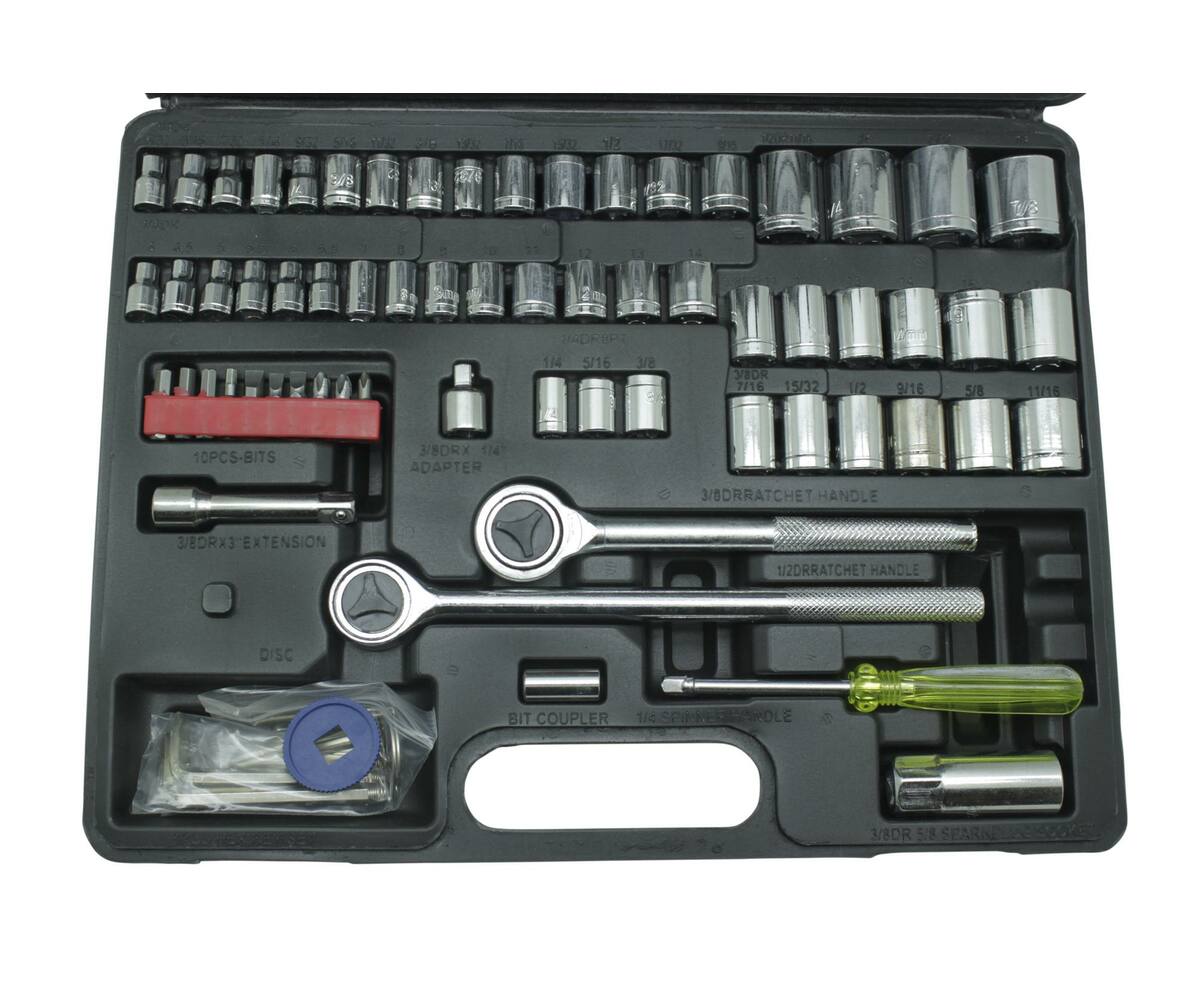 Doppendoos 73-delig met ratels, adapters en sockets voor klussen.