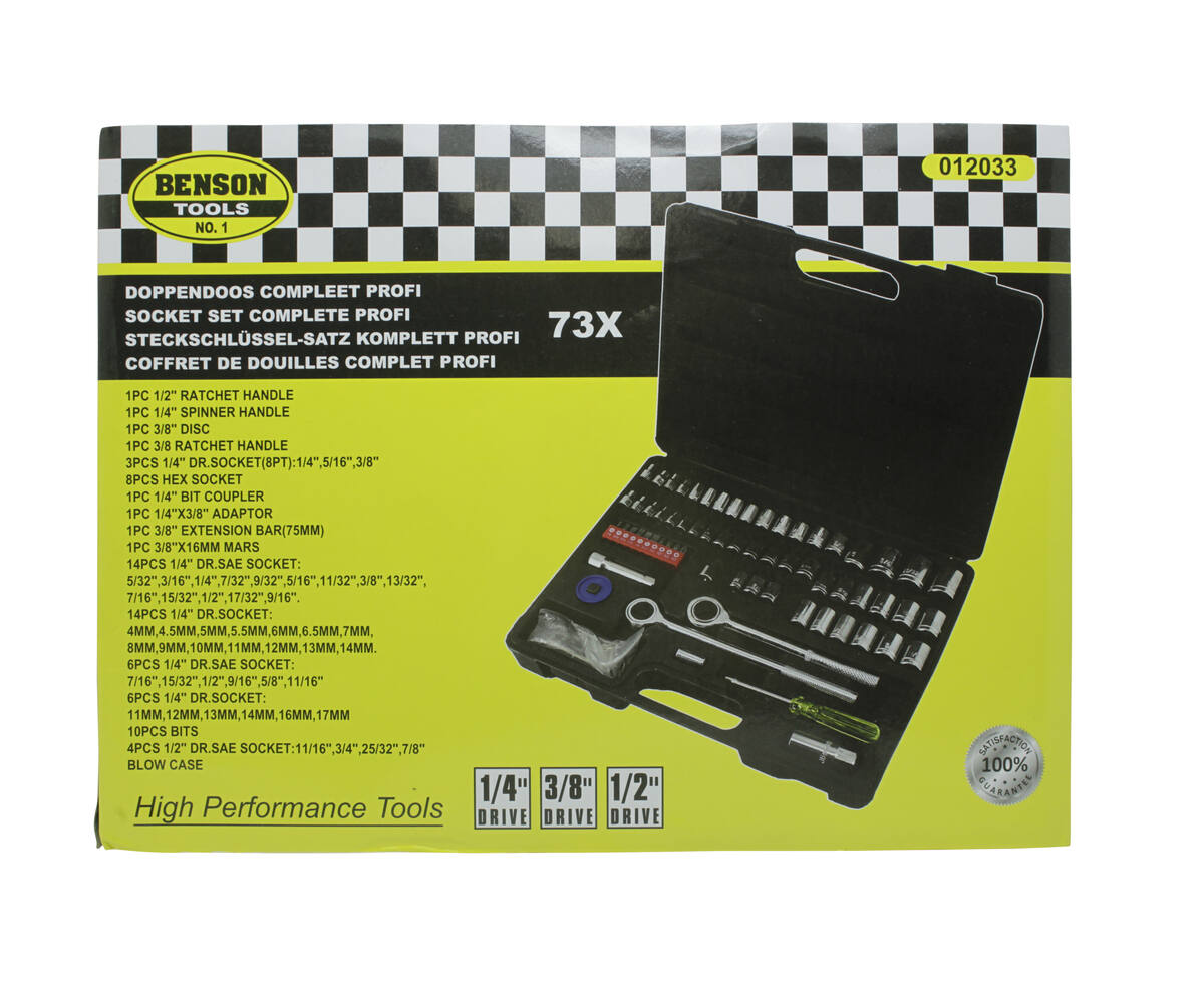 Doppendoos 73-delig met ratels, adapters en sockets voor klussen.