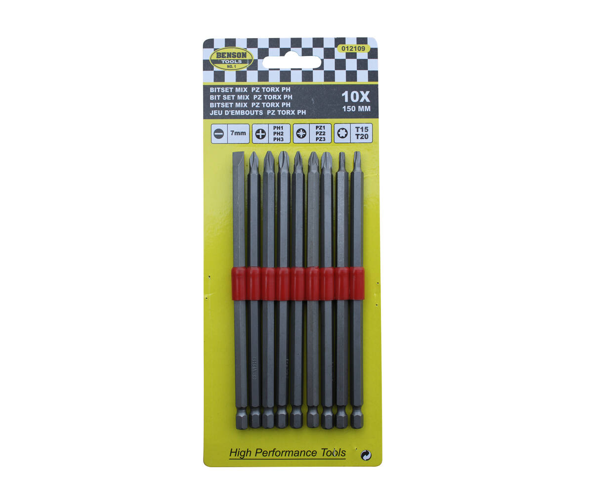 10-delige bitset 150mm, Torx, PH, PZ voor moeilijk bereikbare plaatsen.