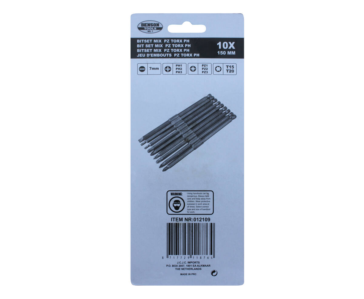 10-delige bitset 150mm, Torx, PH, PZ voor moeilijk bereikbare plaatsen.