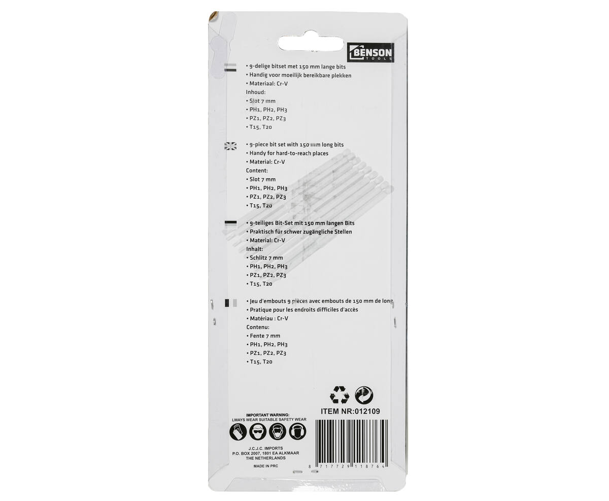10-delige bitset 150mm, Torx, PH, PZ voor moeilijk bereikbare plaatsen.