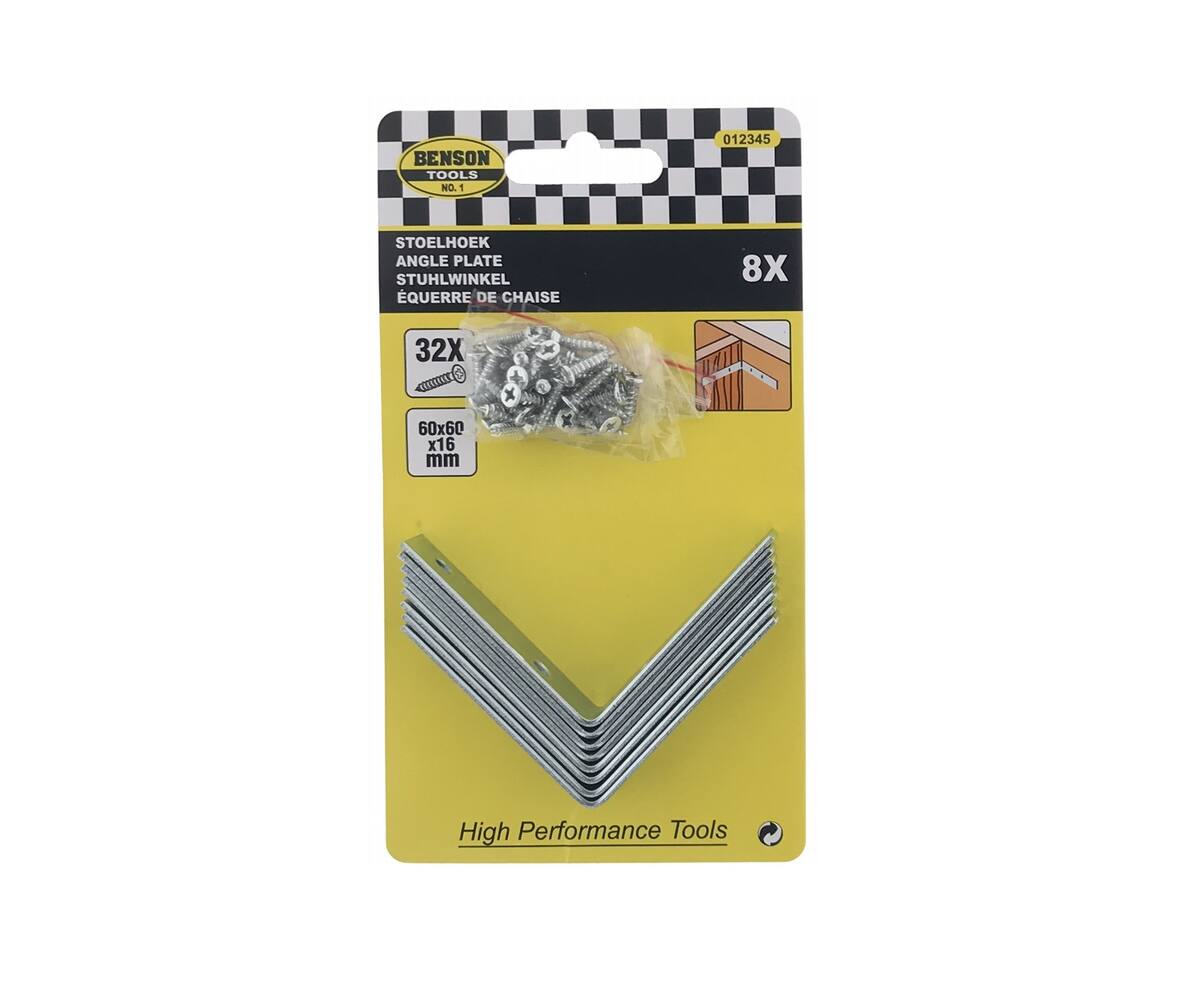 Stoelhoek Set 8 stuks 60x60x16 mm met 32 schroeven voor meubels.